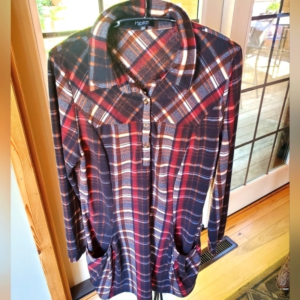 Papillon Brown Plaid Long‎ Sleeve Sz. L Dress with Pockets